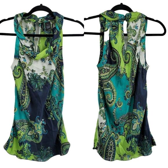 New Directions Top Artsy Boho Sleeveless Paisley Rolled Bandana Scoop Green S - Picture 1 of 11